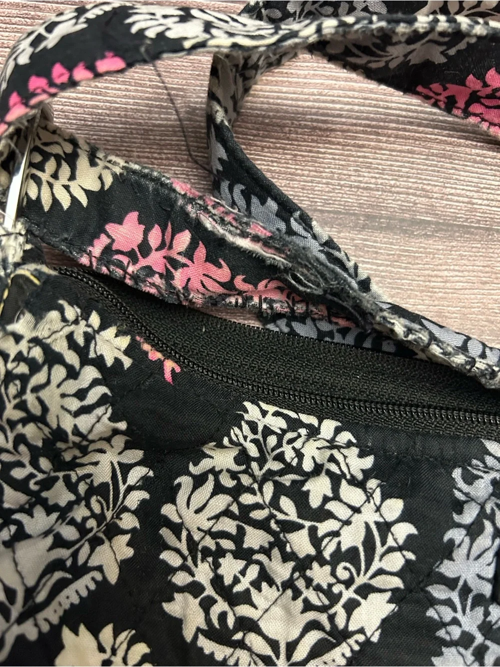 Vera Bradley Black Crossbody with Pink and Gray Floral Medallions